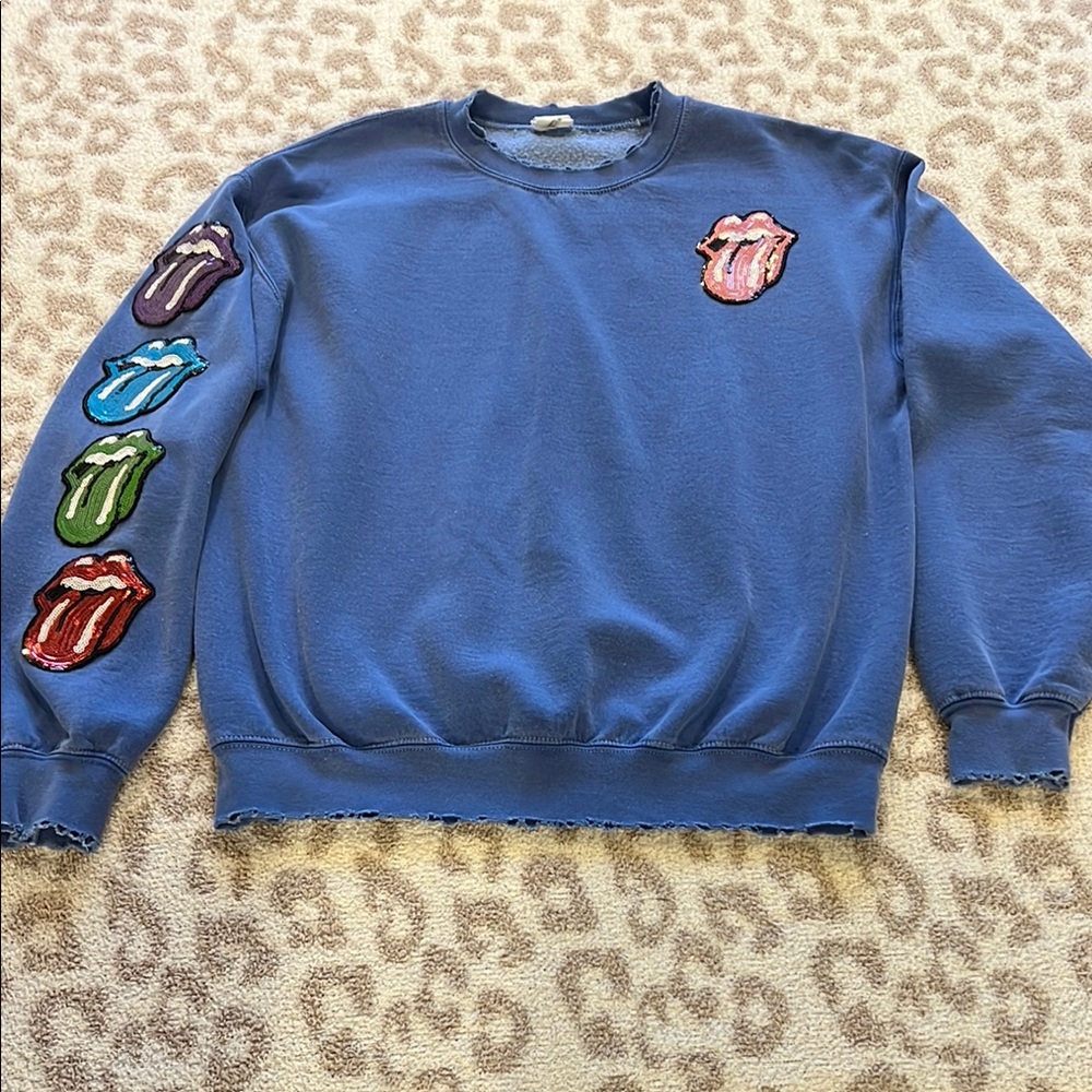 Madeworn Blue Crewneck Sweatshirt with Colorful Sleeve Design. Size Small.